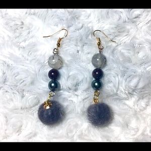 Suede Grey Pompom Garnet Dangle Earrings